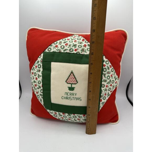 Vintage Handmade Christmas Pillow Cross Stitch Tree “Merry Christmas” Holiday - Picture 3 of 3